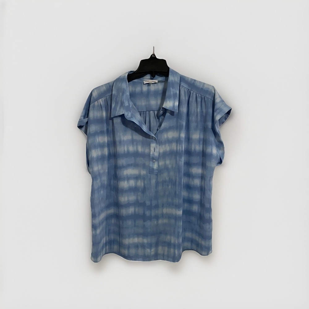 Calvin Klein Women's XL Blue Tie-Dye Cap Sleeve Collared Button Chiffon Blouse